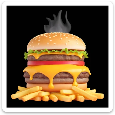 juicy triple-patty cheeseburger with melting triple cheese, crispy golden French fries on the side, hot steam rising from the food, fresh, delicious, sizzling hot, appetizing cartoon emoji style, high detail, bright colors sticker