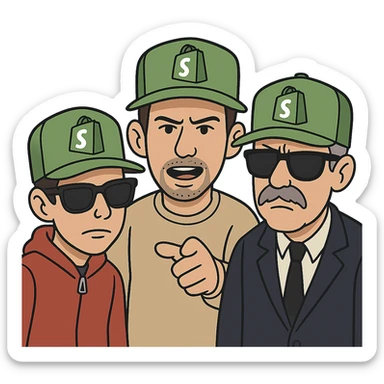 the Beastie Boys wearing hats with the Shopify logo sticker