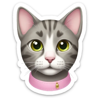 grey and tan cat with cream pattern on her forehead. Pink collar with pink bell.  Green eyes and a pink nose sticker