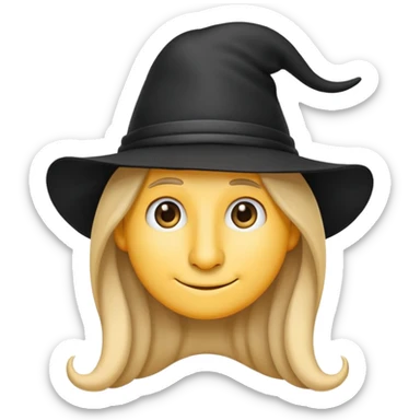 emoji character with prominently long nose, long hair, black hat, slight smile sticker