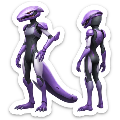 a Reptile-Raptor-Genesect-Mewtwo-Fakémon with a futuristic visor-helmet and wearing a techwear-suit Full Body sticker