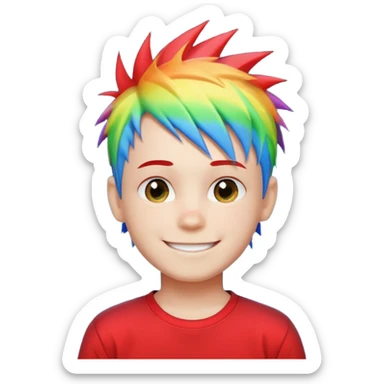 Boy with rainbow streaks — short spiky hair glowing under light, red T-shirt sticker
