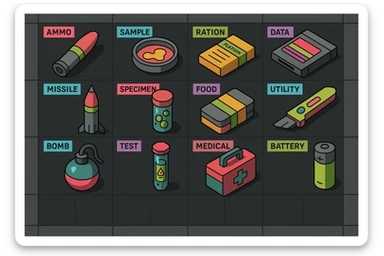 a virtual display, a gray grid with darker gray cells, each cell containing an item viewed in isometric minimalism render The cells have pastel neon colored labels in their upper corner, indicating various traits of the items. retrofuturism, circa 2880's.
The items are scientific and military in nature - varieties of munitions, scientific samples, rations, data storage, utilities. There are two arrays of grids, one left, one right. Each array has a few empty spaces at the bottom. "graphic realism." brutalism. the items are adorned in a combination of  bright colors, neon-safety, early 90's pallet, with muted gray tones in EVEN BALANCE. sticker