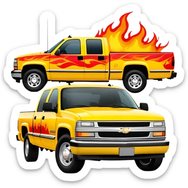 Yellow 1997 Chevrolet C-2500 Crew Cab with vibrant airbrushed red flame artwork flowing dramatically across hood and front, highly detailed fire pattern, Kill Bill movie vehicle, 30-degree view, iOS emoji style sticker