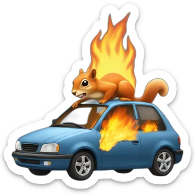 Burning car with a squirrel sticker
