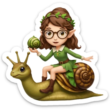 tiny forest elf woman brown wavy hair glasses riding a snail sticker