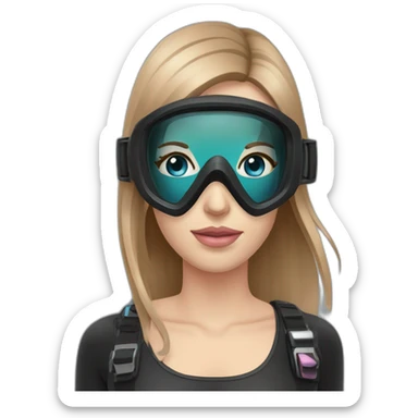 woman large light brown and straight hair, black and pink diving mask with a single crystal, light blue eyes, scubadiving gear sticker