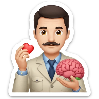 attractive man with dark hair and down turned mustache holding a brain as an emoji sticker