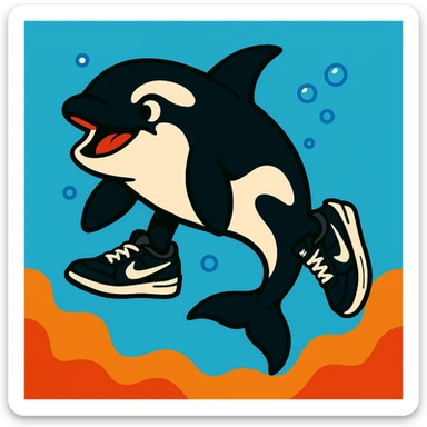 orca swimming with black and white Nike sneakers visible, energetic, simple background, vibrant toon style sticker