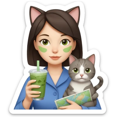 a brunette woman in here 30S drinking an iced matcha, carrying a grey cat and a map of the world sticker