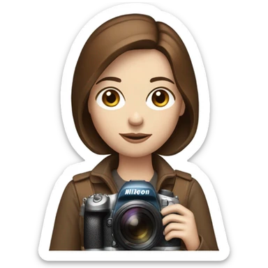 Portrait of stylish woman with blue eyes and brown bob hair holding a nikon camera￼ in hands sticker
