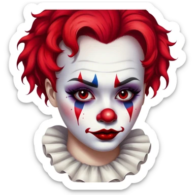 clown-inspired makeup. The makeup consists of a white-painted face with black smudged eye makeup that extends outward, creating a haunting, exaggerated look. Their lips are painted deep red, smeared outward in an unsettling, almost sinister manner, resembling the Joker-inspired style of makeup. sticker