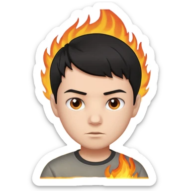 boy with short black hair, fire, risk-taker, realist sticker