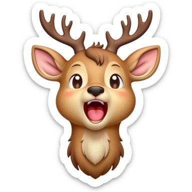 Cinematic Cute Yawning Deer Portrait Emoji, Head tilted slightly with a dramatic, wide-open yawn, revealing a soft, dappled coat and elegantly drooping ears, eyes barely open in drowsy contentment, Simplified yet irresistibly adorable features, highly detailed, glowing with a soft, cozy glow, high shine, relaxed yet expressive, stylized with a touch of natural whimsy, bright and endearing, soft glowing outline, capturing the essence of a sleepy yet affectionate deer, so drowsy it feels like it could stretch right out of the screen and curl up for a nap! sticker