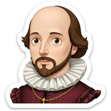 Cinematic Realistic portrait of William Shakespeare, depicted as an iconic playwright in richly detailed Elizabethan attire with a ruffled collar, expressive eyes, and a thoughtful gaze, bathed in dramatic historical lighting that evokes the Bard’s timeless legacy sticker