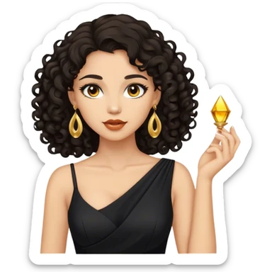 Beautiful woman,cute, light skin, half long curly dark hair in dark dress with gold earrings sticker