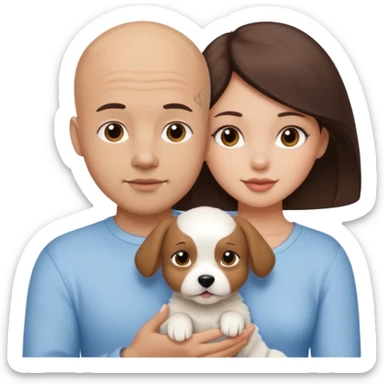 Bald guy with brunette girl and white puppy sticker