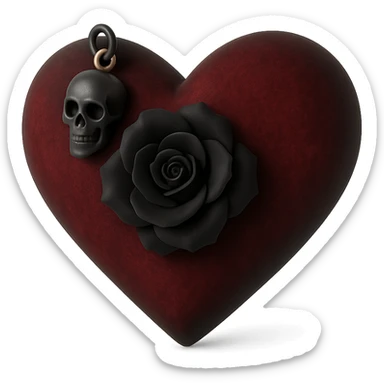 gothic heart in 3D black style, dark crimson velvet texture, silver skull charm, black rose center, lush and gothic sticker