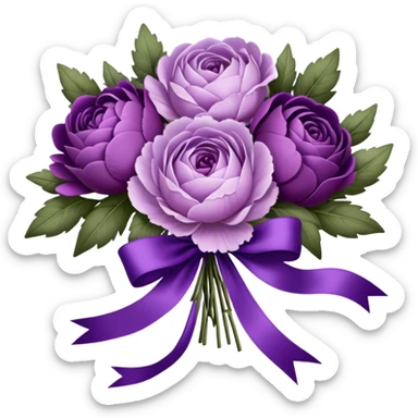 A vintage bouquet of lavender-hued peonies, deep violet roses, and soft lilac pansies, tied together with a silk ribbon in shades of plum and amethyst, rests beneath the glow of a crescent moon. Scattered around are tiny embroidered hearts on a delicate lace handkerchief, while the scent of dried lavender lingers in the cool evening air. sticker