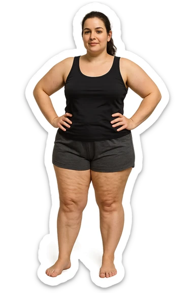 donna con inestetismi evidenti cellulite non troppo grassa e giovani sui 30 anni. in pantaloncini sticker