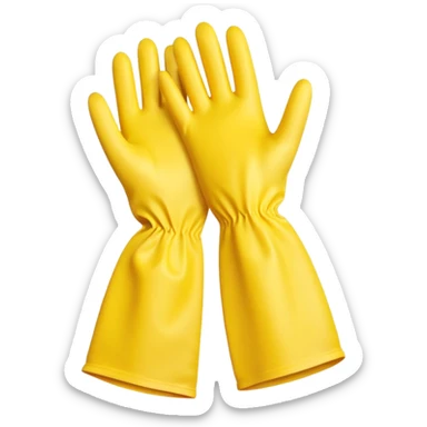 pair of bright rubber gloves with long cuffs and slightly curved fingers, suggesting flexibility and grip, vibrant yellow color, soft matte finish, gentle creases indicating use, no sponge, soap, or sink, soft lighting, subtle shadows, emoji scale sticker