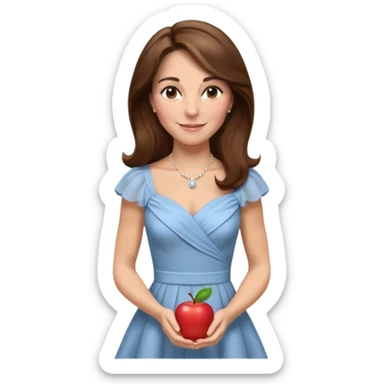Kate Middleton as an elegant and smiling apple style emoji, wearing a classic dress, brown hair sticker