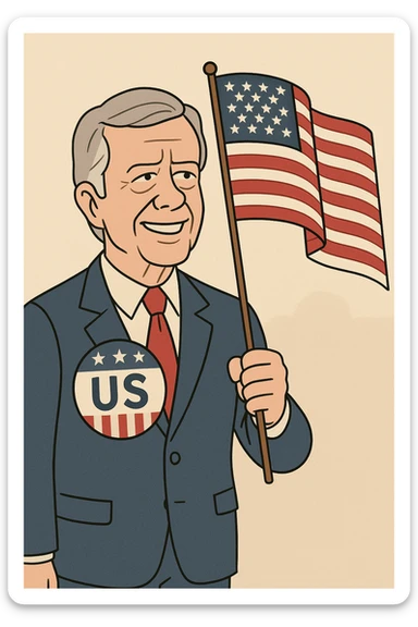 US President Carter  wearing a blue suit with a large US badge on his chest holding an American Flag sticker