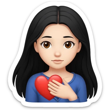 character with long black hair past elbow,  round, downturned dark brown eyes, heart shape face sticker
