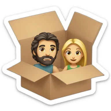 Dark hair girl and blond bearded guy in moving box sticker