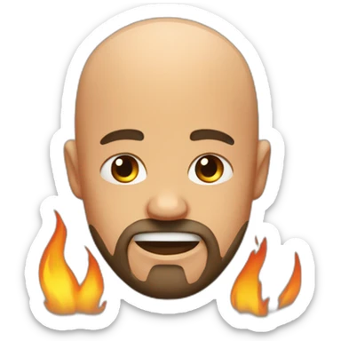 Bald man with beard who is crying next to fire sticker