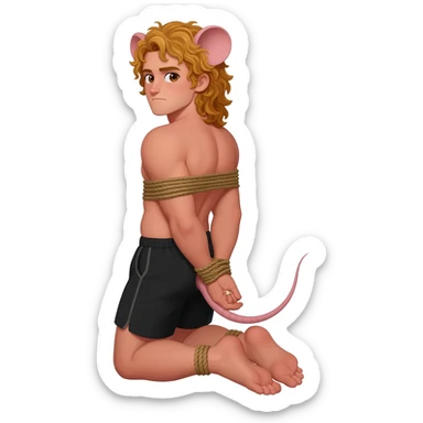 man with brown eyes, curly long blond hair. he has rat tail and rat ears. he dressed in black shorts. he is on his knees. her arms are tied up with ropes sticker
