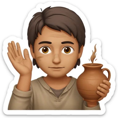 Emoji portrait of a Greek potter. Simple clothes, hands and face smudged with clay, focused expression. sticker