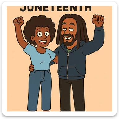 A woman Kinky hair light blue shirt blue jeans white shoes boy Dreadlocks dark brown hair green shuts navy blue zip up hoodie black jeans green shoes Bob Marley Vanessa Nakate Mae Jemison Happy JUNETEENTH sticker
