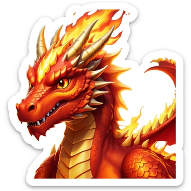 cinematic-noble-fierce-fire-dragon-portrait-emoji,-poised-and-imposing,-with-a-muscular,-scaled-body-ablaze-in-fiery-hues-of-crimson,-molten-orange,-and-molten-gold,-and-intense,-burning-eyes-that-mirror-the-heart-of-a-volcano;-rendered in detail sticker