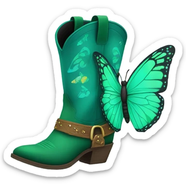 Green butterfly flying around a teal cowboy boots sticker