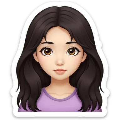 Asian girl with very long shaggy deep dark brown hair, big dark eyes. long lower lashes, cheekbones with blush. big dimples. sticker