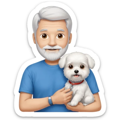 handsome gentleman, 60 years old, silver hair short, full beard, wearing a blue t-shirt, smiling and holding a maltese dog sticker