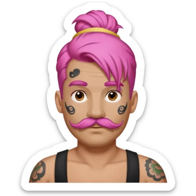 single big bun pink hair man and mustache and face tattoos very heavy and headband sticker