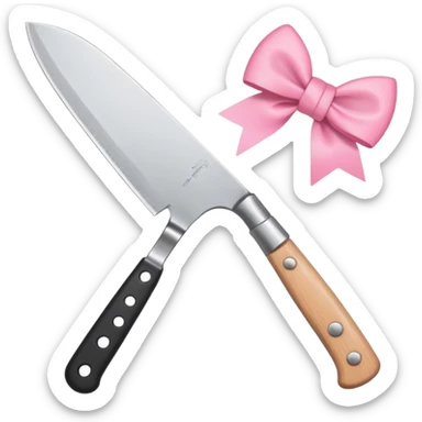 Emoji style illustration of a kitchen knife with a cute pink bow tied around the handle, minimalistic, clean design, white background, soft colors, flat vector style, kawaii emoji sticker