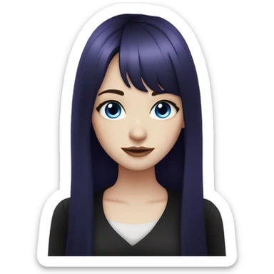 girl, pale skin, blue eyes, long hair, deep dark purple hair, bangs, black clothes, eyeliner sticker