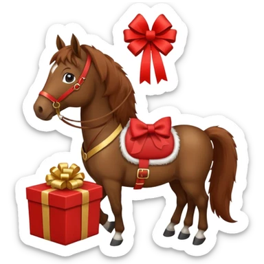 a New Year's horse with a red saddle, which has a red gift box with a white bow on the saddle sticker