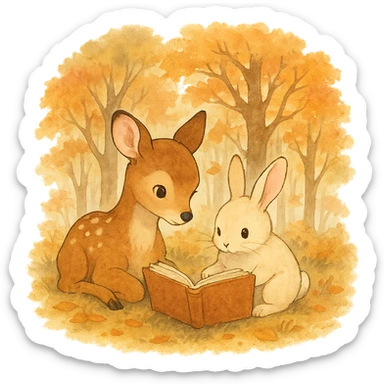 cute deer and bunny reading together in a soft autumn forest scene, ghibli style sticker