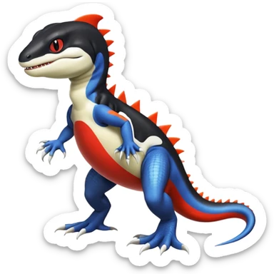 Black and white Orca-hybrid-reptile-reptilian-lizard-skink-gecko-Digimon-Fakémon-Pokémon-fusion-hybrid full body, two legs, two arms, claws, anthropomorphic, with red stripe sticker