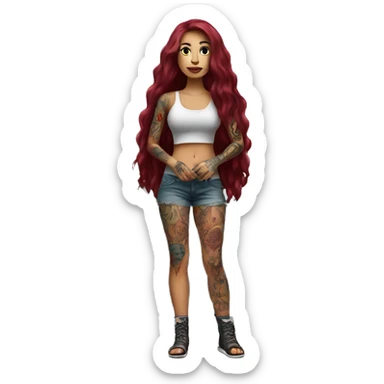 Beautiful tattooed burgundy long haired woman standing next to a car sticker