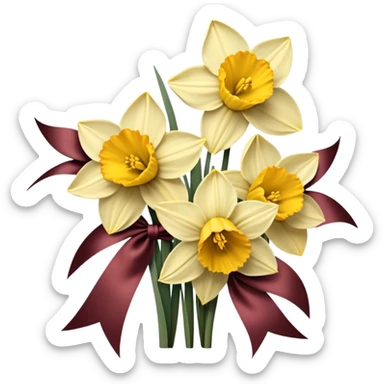 Soft yellow daffodils intertwine with faded burgundy ribbons, as brown butterflies rest on their petals. A warm, golden haze enhances the nostalgic charm. sticker