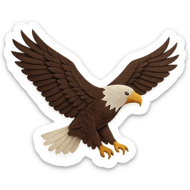 very detailed bald eagle in flight, paper craft style, intricate cut paper textures, white head, yellow beak, dark brown wings spread wide, realistic markings sticker