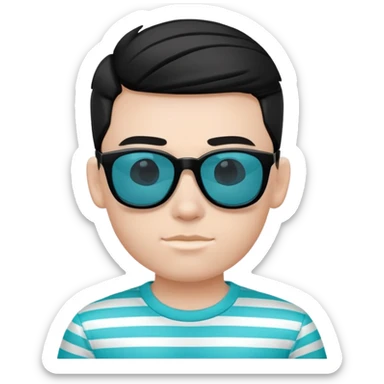 A cartoon boy wearing a shirt that is cyan with black horizontal stripes and wearing black and white sunglasses sticker