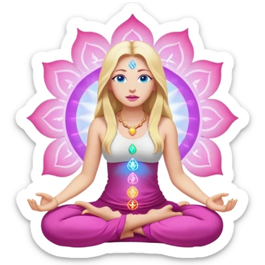 Cinematic realistic blonde with long hair, blue eyes, pink lips meditates, her chakras glow sticker