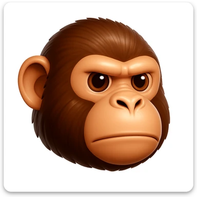 Keep the image exactly the same, just make the fur brown instead of green. iOS emoji style, 3D, shiny, smooth gradients, soft shadows, realistic chimpanzee face, classic emoji look. Add a glossy effect to the fur. The style should resemble the iOS 3D emoji style with shiny and smooth gradients and soft shadows. sticker