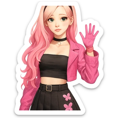 Fluttershy reimagined as a human K-pop idol, with pink and black accents, transparent background sticker